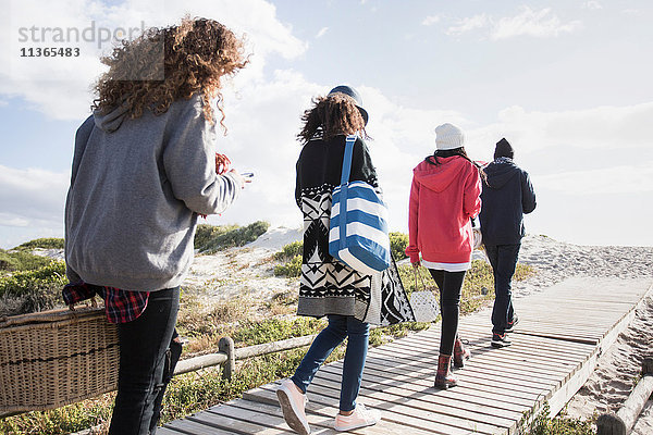 Rückansicht von jungen erwachsenen Freunden  die an der Strandpromenade entlang schlendern und Smartphones lesen  Western Cape  Südafrika