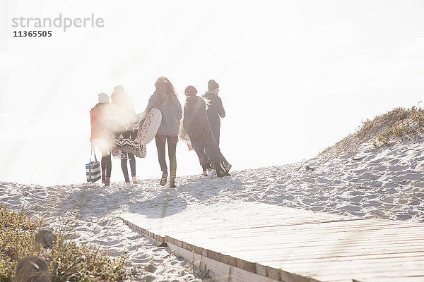 Rückansicht junger erwachsener Freunde beim Spaziergang auf der sonnenbeschienenen Strandpromenade am Strand  Western Cape  Südafrika