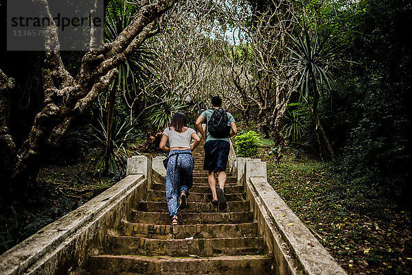 Rückansicht eines Paares  das die Stufen zum Berg Phousi hinaufläuft  Luang Prabang  Laos