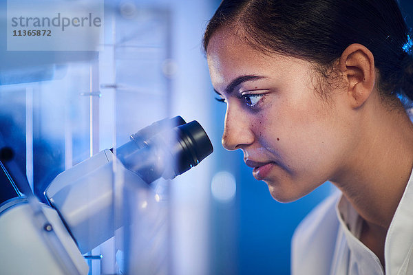 Wissenschaftlerin im Labor beim Blick durchs Mikroskop