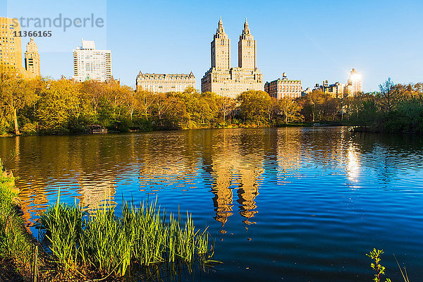 Blick auf See und Wolkenkratzer vom Central Park aus  New York  USA