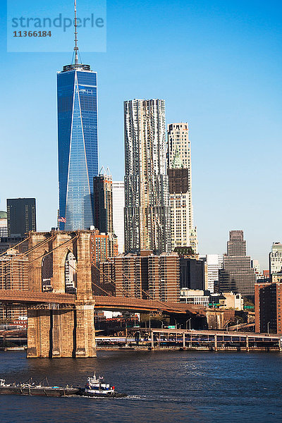 Stadtbild mit Brooklyn Bridge und One World Trade Centre  New York  USA