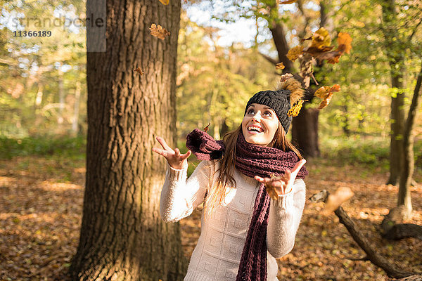 Junge Frau im Wald  die Herbstblätter in die Luft wirft