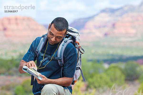 Junger männlicher Wanderer beim Blick auf die Karte  Sedona  Arizona  USA