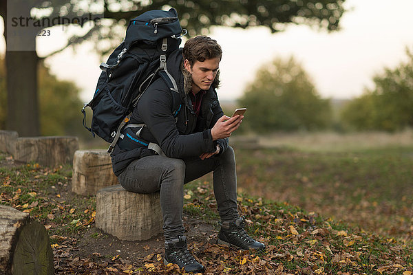 Junger Mann sitzt auf Baumstumpf und benutzt Smartphone