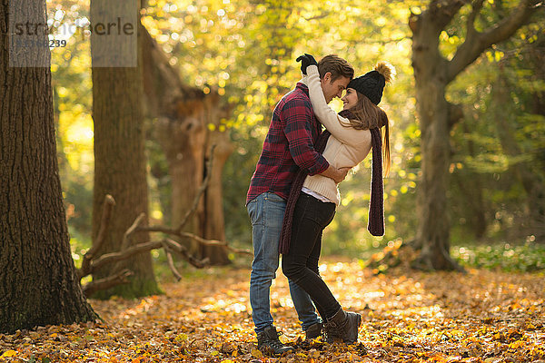 Junges Paar im Wald  sich umarmend