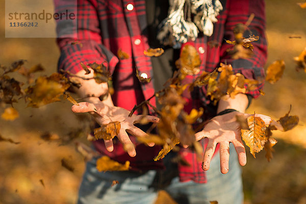 Junger Mann wirft Herbstblätter in die Luft  Mittelteil