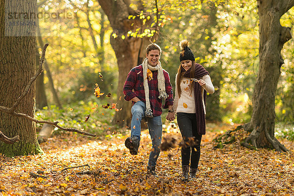Junges Paar geht durch den Wald  hält sich an den Händen  lächelt