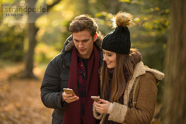 Junges Paar im Wald beim Blick auf Smartphones