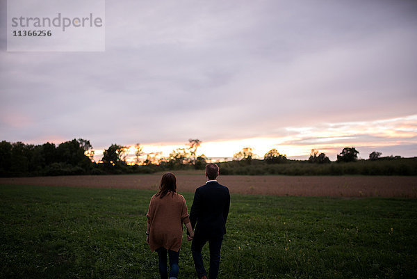 Rückansicht eines romantischen Paares im Feld beim Sonnenuntergang