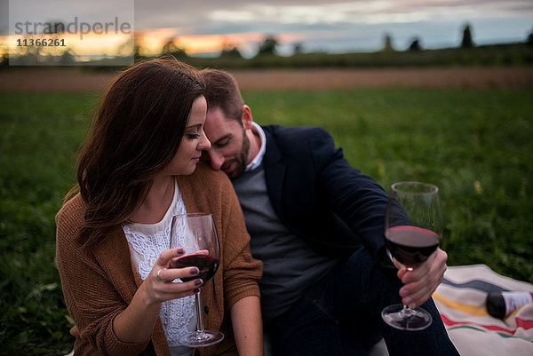 Romantisches Paar mit Rotwein  das sich bei Sonnenuntergang auf einer Picknickdecke im Feld entspannt