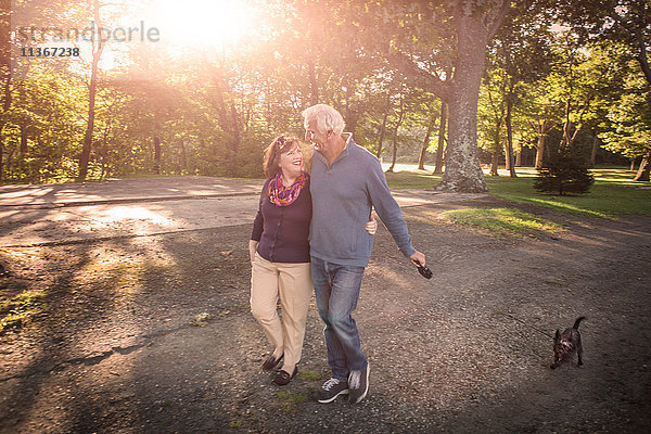 Romantisches Seniorenpaar beim Spaziergang mit dem Hund im sonnenbeschienenen Park