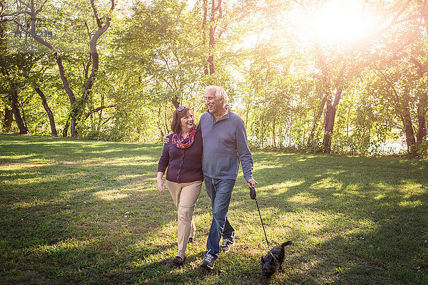 Romantisches Seniorenpaar beim Spaziergang mit dem Hund im sonnenbeschienenen Park