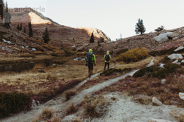 Rückansicht von zwei männlichen Wanderern  die eine zerklüftete Landschaft hinaufwandern  Mineral King  Sequoia National Park  Kalifornien  USA