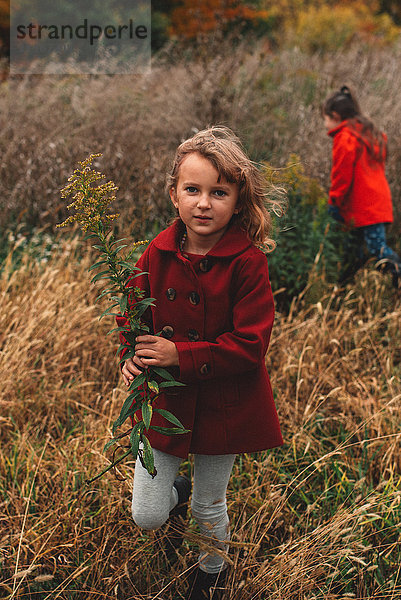 Porträt eines Mädchens und ihrer Schwester beim Pflücken von Wildblumen im Feld