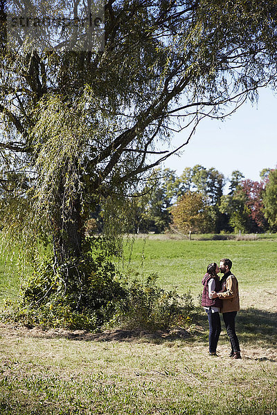 Eine junge Frau und ein junger Mann stehen neben einem Baum auf einem Feld und küssen sich.