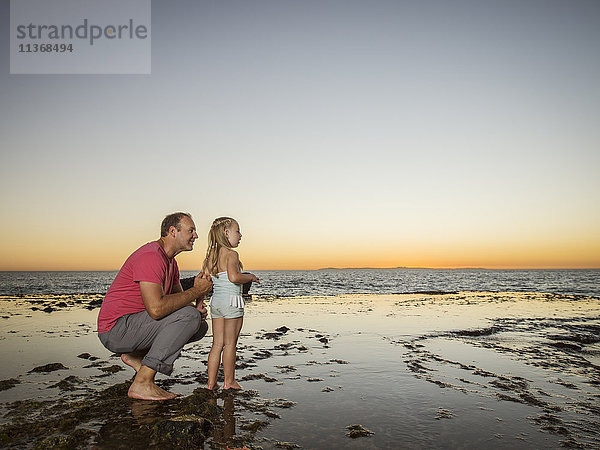 Vater kauert neben der Tochter (4-5) am Strand
