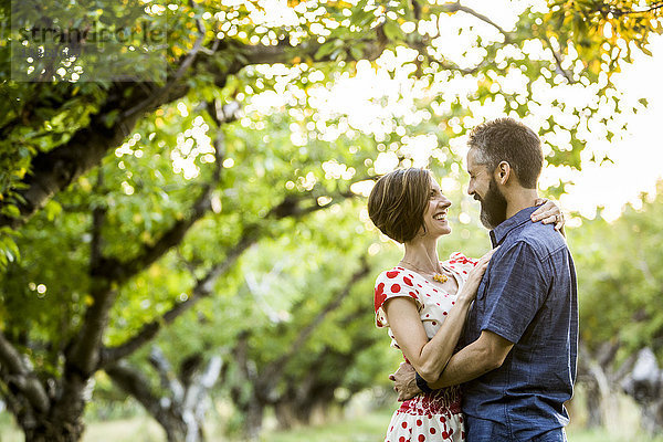Paar in Umarmung im Kirschgarten