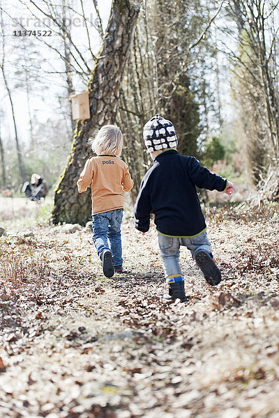 Zwei Jungen spielen im Herbstwald