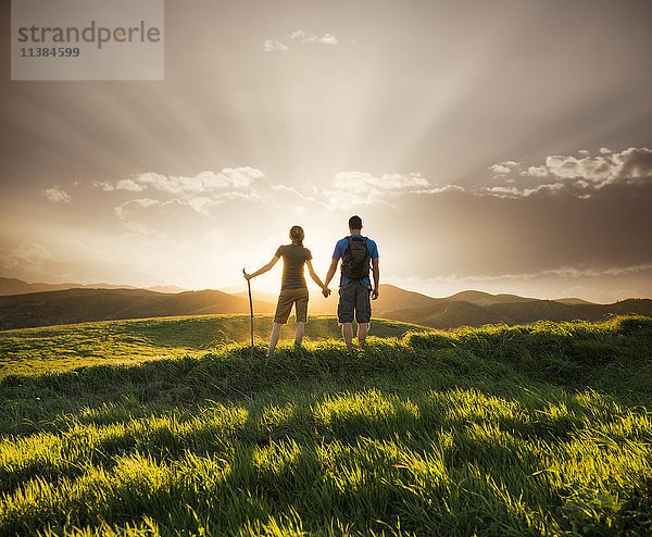 Paar hält Hände auf einem Hügel bei Sonnenuntergang