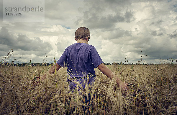 Kaukasischer Junge geht in einem Weizenfeld