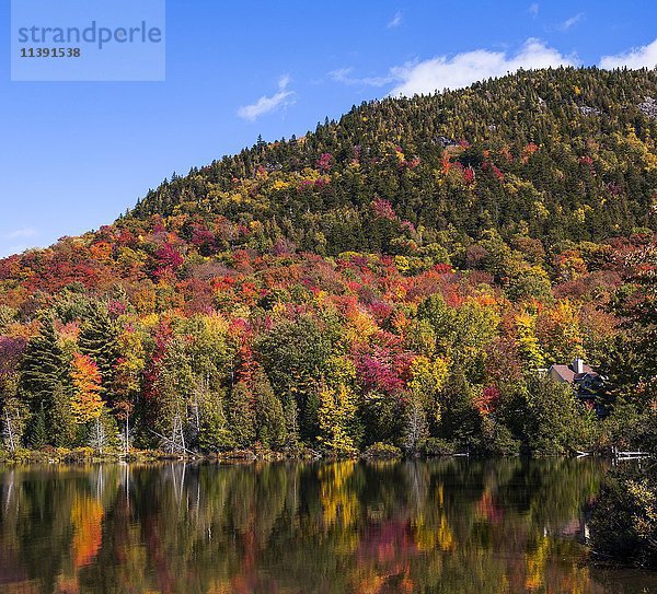 Herbst  Sugarloaf Pond mit Berg und Farbwechsel  Eastern Townships  Potton  Quebec  Kanada  Nordamerika
