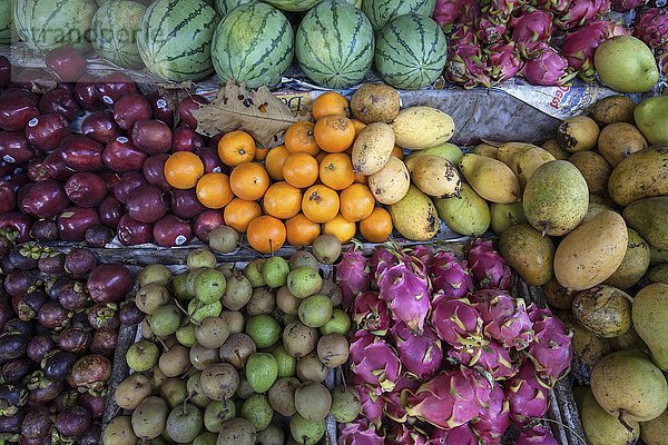 Obststand  Melonen  Äpfel  Mango  Orangen  Drachenfrüchte  Mangostanfrüchte  Zentralprovinz  Sri Lanka  Asien