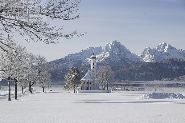 St. Coloman-Kirche vor verschneiten Bergen im Winter  Schwangau  Bayern  Deutschland  Europa