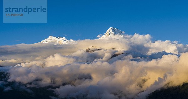 Schneebedeckte Gipfel der Annapurna 1  rechts  und der Annapurna South  links  mit Monsunwolken  gesehen vom Poon Hill  Ghorepani  Myagdi District  Nepal  Asien