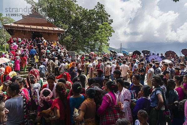 Einheimische warten mit Hähnen auf die Opferung  Der Khadga Devi Mandir Tempel  Darsain Hindu Festival  Bandipur  Tanahun  Nepal  Asien