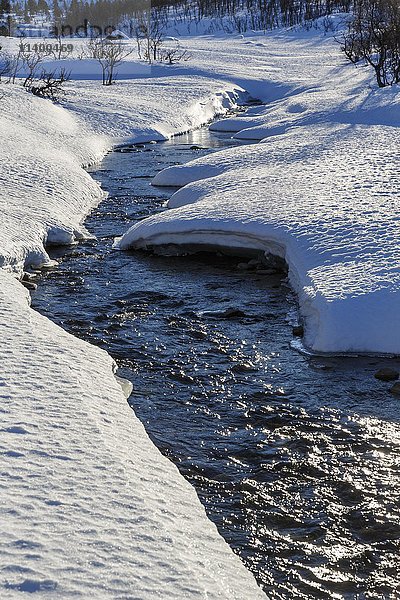 Botnelva Fluss im Winter  Aspevatnet  Gemeinde Lyngen  Provinz Troms  Norwegen  Europa