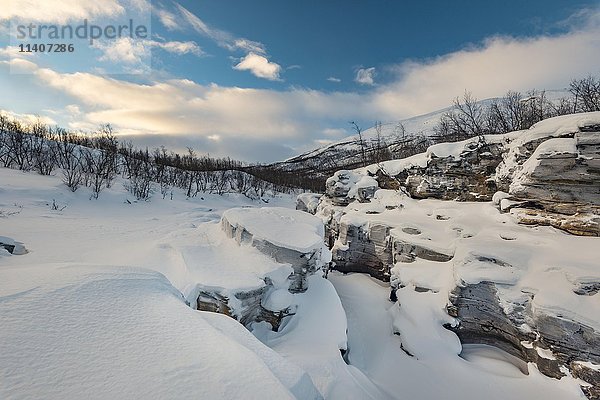 Schnee in der Abisko-Schlucht  Abisko-Nationalpark  Abisko  Norrbotten  Lappland  Schweden  Europa