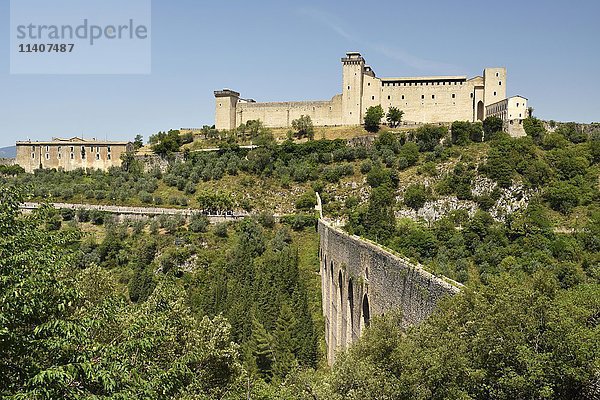 Die Brücke des Turms mit der Festung Rocca Albornoziana  Spoleto  Umbrien  Italien  Europa