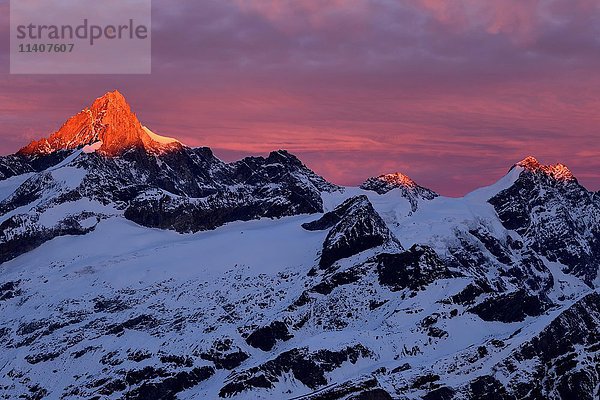 Zinalrothorn mit Schnee in rotem Dämmerlicht  Gornergrat  Zermatt  Kanton Wallis  Schweiz  Europa