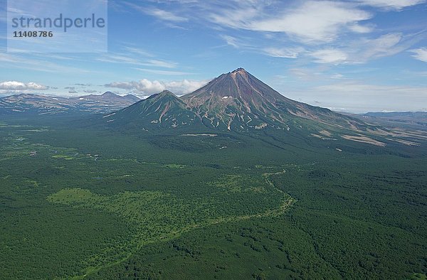 Ansicht eines Vulkans mit bewaldeter Landschaft  Kamtschatka  Russland  Europa