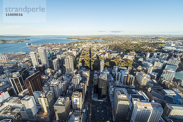 Blick von der Aussichtsplattform des Sky Tower  Skyline mit Wolkenkratzern  Central Business District  Region Auckland  Nordinsel  Neuseeland  Ozeanien