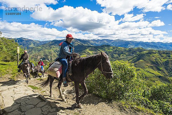 Reiter auf schmalem Pfad  Chachapoyas  Provinz Luya  Anden  Peru  Südamerika