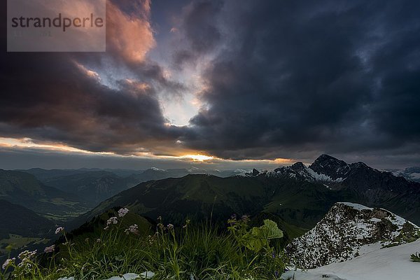 Blick vom Zafernhorn bei Sonnenaufgang mit dunklen Wolken  stürmische Atmosphäre  Alpenpanorama  Allgäuer Alpen  Damüls  Bregenzer Wald  Vorarlberg  Österreich  Europa