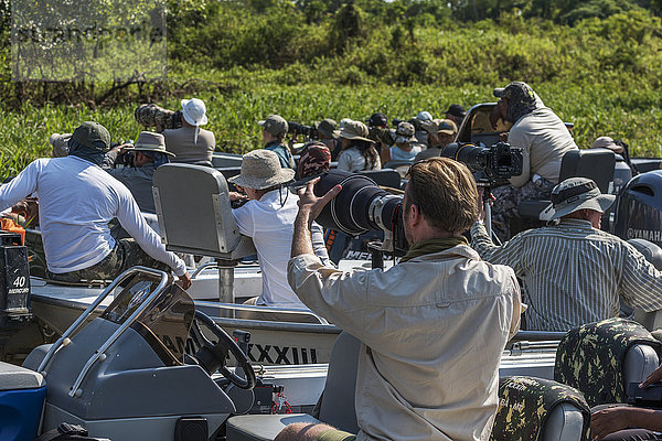 Fotografen in Booten  die Kameras auf das Ufer richten; Mato Grosso do Sul  Brasilien'.