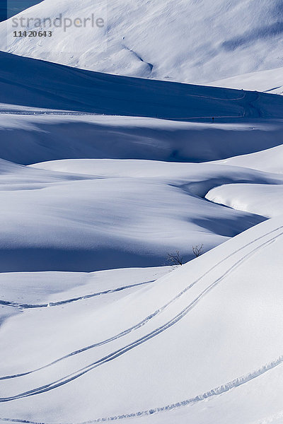 Skispuren in Hatcher Pass  einem wichtigen und beliebten Skigebiet  da es normalerweise viel Schnee erhält  Süd-Zentral-Alaska; Alaska  Vereinigte Staaten von Amerika '
