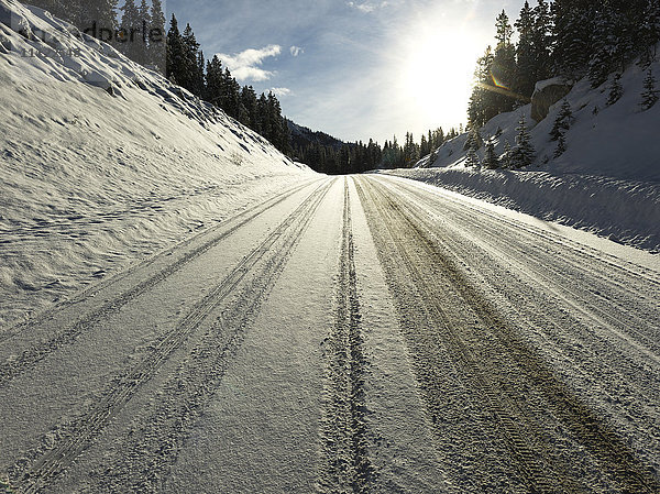 Schneebedeckte Straße mit Reifenspuren im Jasper National Park; Alberta  Kanada'.