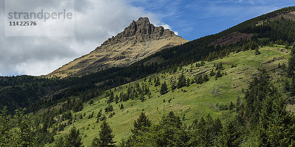 Schroffe Berggipfel und grüne Waldlandschaft  Waterton Lakes National Park; Alberta  Kanada'.