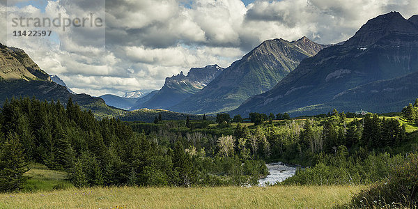 Schroffe Berge und bewaldete Landschaft  Waterton Lakes National Park; Alberta  Kanada'.
