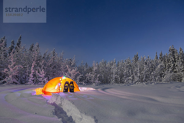 Ein leuchtendes Zelt mit Lichterketten steht inmitten eines verschneiten Fichtenwaldes  Schneeschuhe im tiefen Schnee vor dem Zelt  Mondlicht wirft Schatten in einer klaren Winternacht  im Landesinneren Alaskas; Gakona  Alaska  Vereinigte Staaten von Amerika '