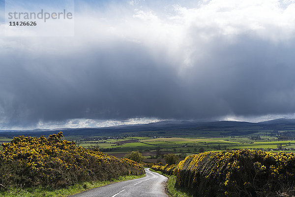 Bedrohliche Gewitterwolken über einer nassen Straße und Ackerland; Northumberland  England'.