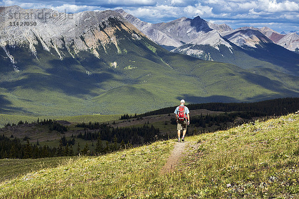 Männlicher Wanderer auf einem Bergpfad mit Blick auf eine Bergkette und ein Tal bei bewölktem Himmel  westlich von Bragg Creek; Alberta  Kanada'.