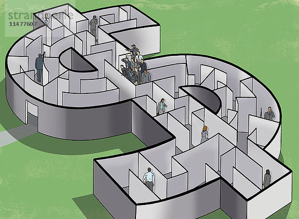 Geschäftsleute in einem Dollar-Labyrinth mit einem Team  das die Lösung findet