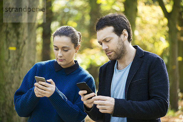 Paar überprüft Smartphones beim Waldspaziergang