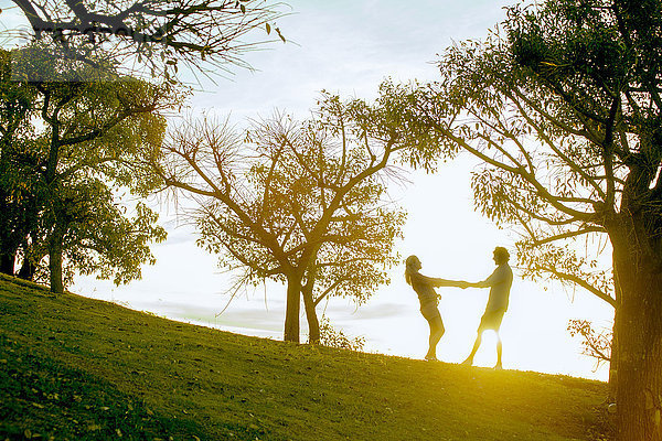 Paar hält Hände im Park  hinterleuchtet durch Sonnenlicht