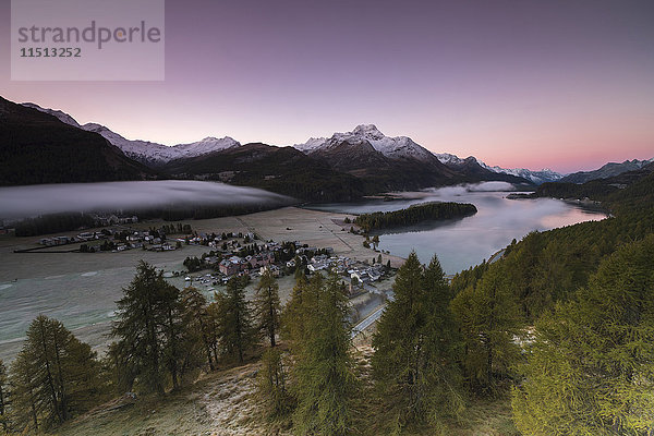 Rosa Himmel bei Sonnenaufgang und Nebel über dem See und dem Bergdorf Sils  Kanton Graubünden  Engadin  Schweiz  Europa
